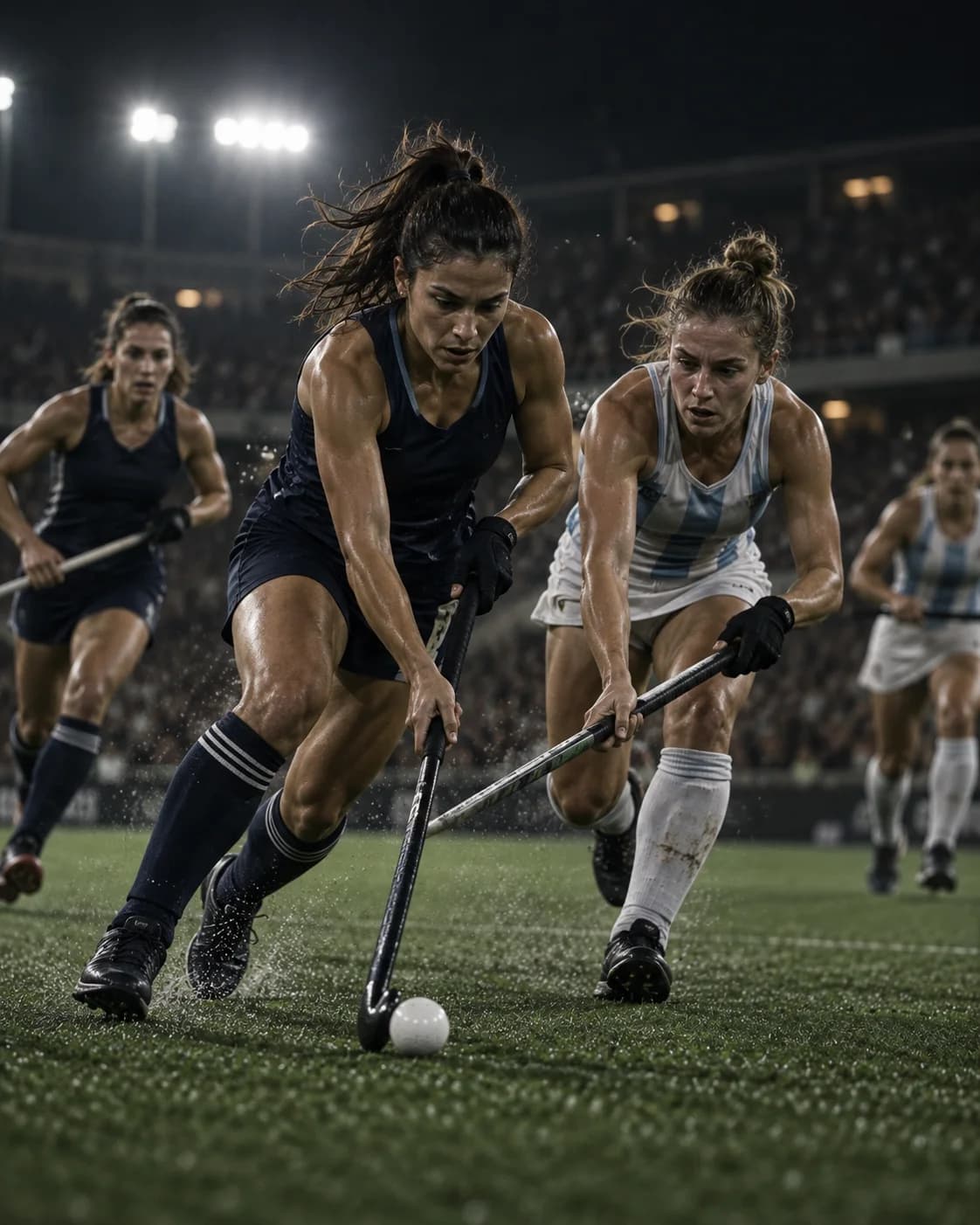 Jugadoras de hockey césped conduciendo la bocha