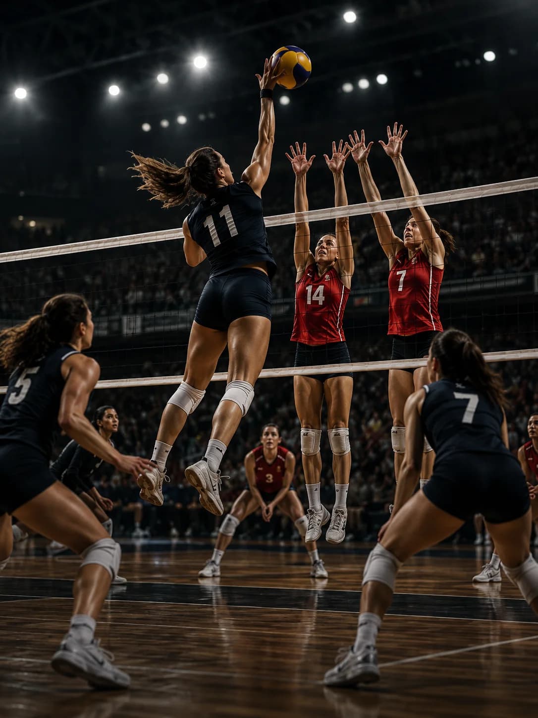 Jugadoras de vóleibol celebrando un punto