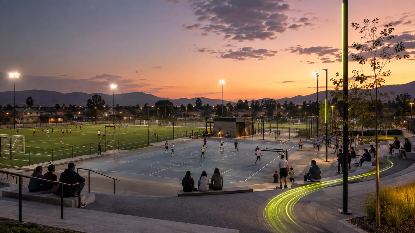 Complejo deportivo municipal al atardecer